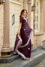 Thumbnail for Vastranavya Wine Embroidery Work Shimmer Chiffon Saree with Unstitched Blouse