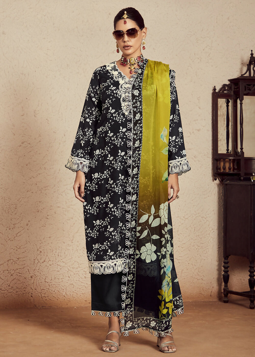 Black Muslin Cotton Digital Print & Embroidered Salwar Suit - Emponline - Distacart