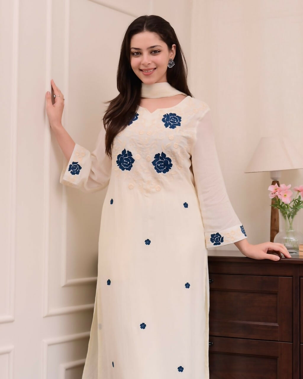 Preksha Creation White Wedding Special Women Viscose with Embroidery Kurti With Dupatta And Pant