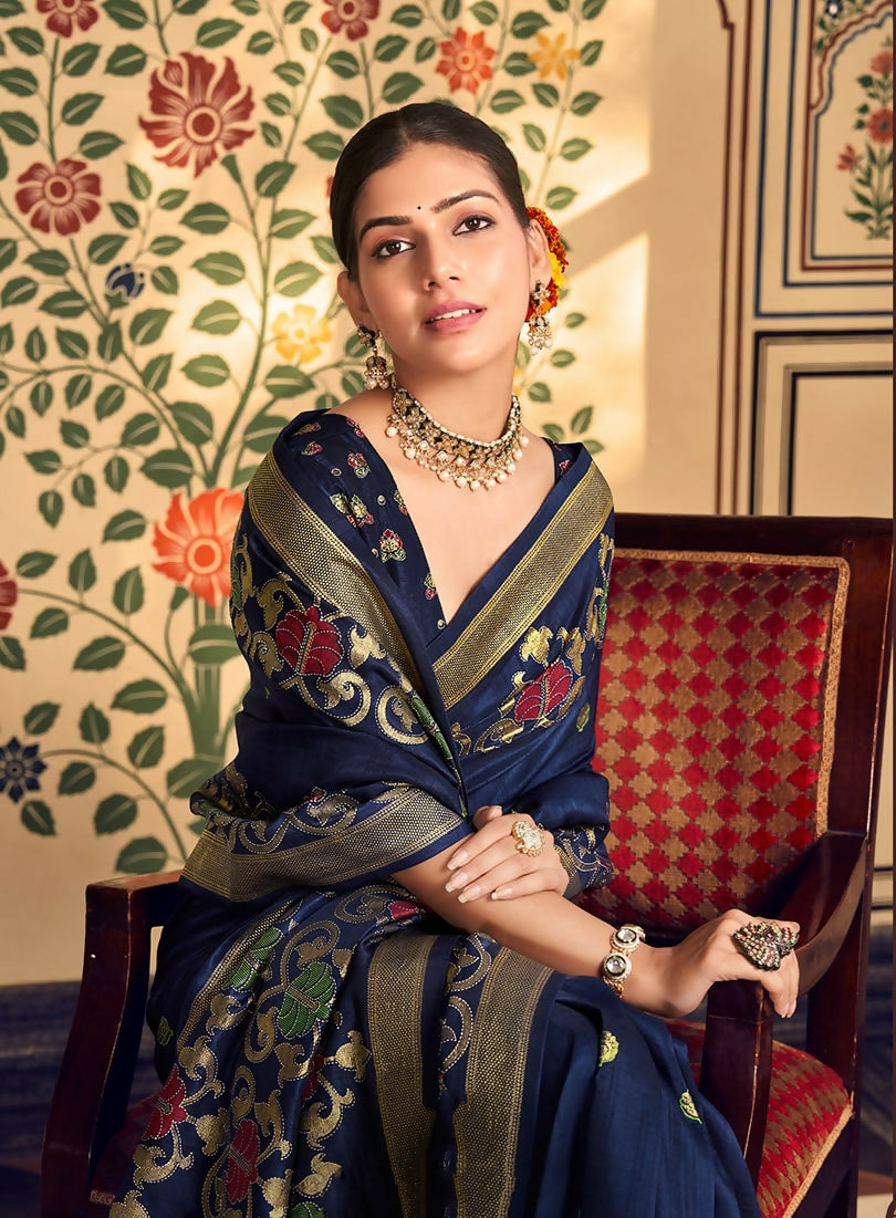 Monjolika Fashion Navy Blue Silk Blend Banarasi Zari Work Classic Saree