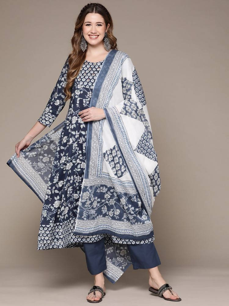 Anubhutee Women Blue Ethnic Motifs Printed Pure Cotton Kurta with Trousers & Dupatta - Distacart