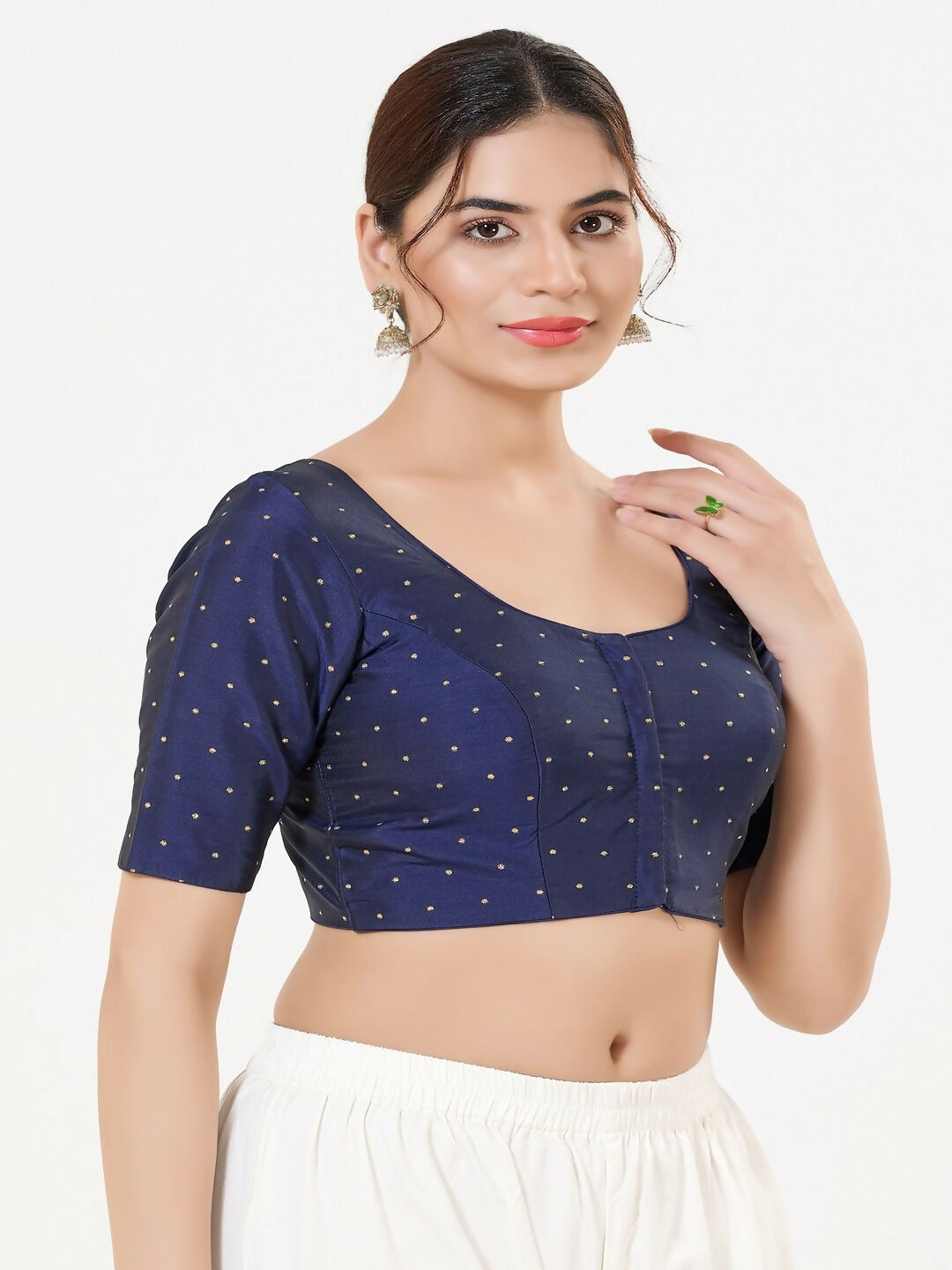 Joban Fashion Navy-Blue Taffeta Silk Elbow Sleeveless Front Open Blouse