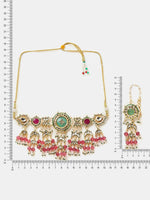 Thumbnail for Ruby Raang Kundan Emerald Bloom Necklace With Matching Earrings - Distacart