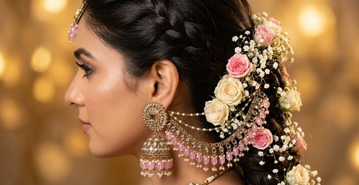 Jewel City Gold Plated Kundan & Mirror Work Pastel Pink Jhumka Earrings with Ear Chain (Sahara) and Maang Tikka Set
