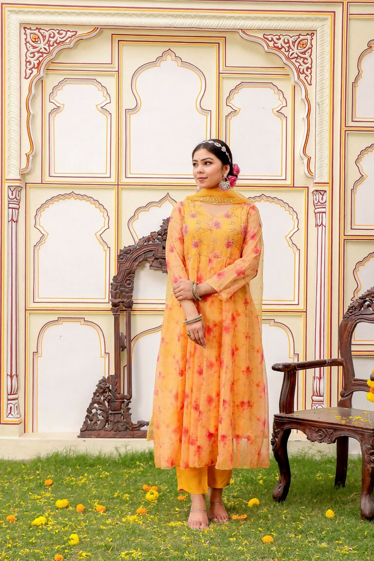 Vaasva Women Yellow Organza Floral Embroidered Anarkali Kurta, Pant & Dupatta set - Distacart