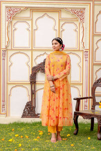 Thumbnail for Vaasva Women Yellow Organza Floral Embroidered Anarkali Kurta, Pant & Dupatta set - Distacart