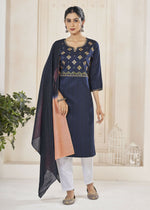 Thumbnail for Jyoti Fashion Women's Navy Blue Pure Viscose Weaving Stripe with Embroidery Kurta Set - Distacart
