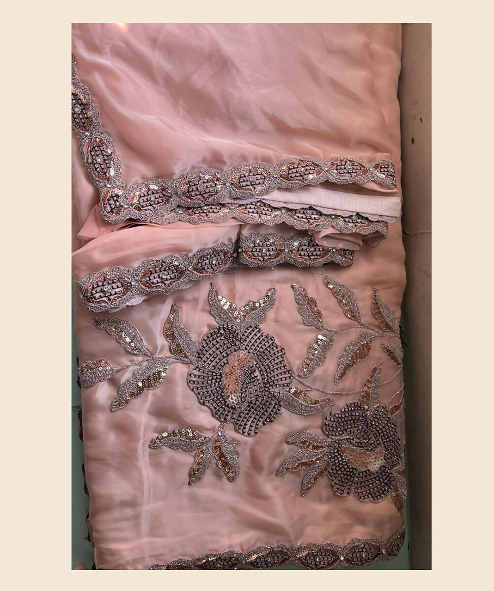 Peach Crepe Satin Silk Thread, Sequence, Cord Embroidered with Stone Work Saree - Mohmanthan Dakshika - Distacart
