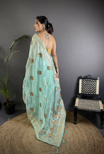 Thumbnail for Joban Fashion Sky Blue Handloom Banarasi Organza Silk Khatali Butta Work Saree