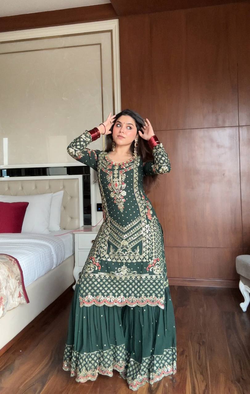 MOST DEMANDING GEORGETTE SEQUENCE WORK TOP SHARARA IN GREEN COLOR L MOST DEMANDING GEORGETTE SEQUENCE WORK TOP SHARARA IN GREEN COLOR L