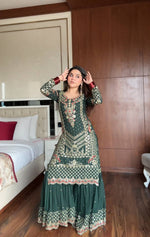Thumbnail for Prazu Fashion Dark Green Georgette Sequence Embroidered Sharara Suit