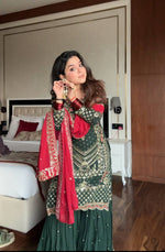 Thumbnail for Prazu Fashion Dark Green Georgette Sequence Embroidered Sharara Suit