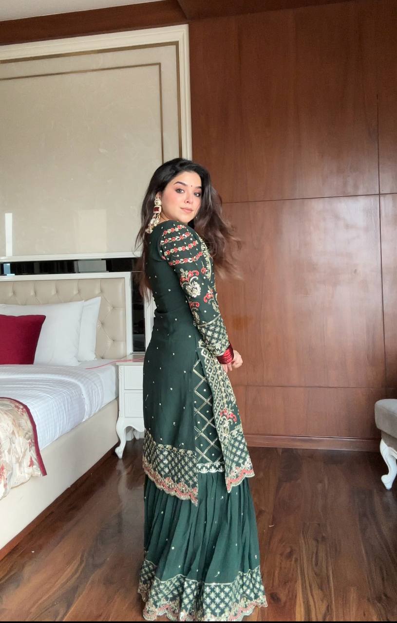 Prazu Fashion Dark Green Georgette Sequence Embroidered Sharara Suit