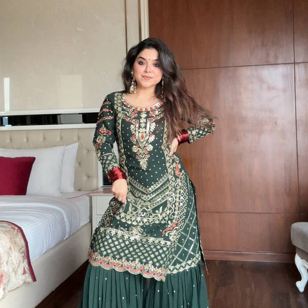 Prazu Fashion Dark Green Georgette Sequence Embroidered Sharara Suit