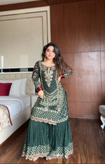 Thumbnail for Prazu Fashion Dark Green Georgette Sequence Embroidered Sharara Suit