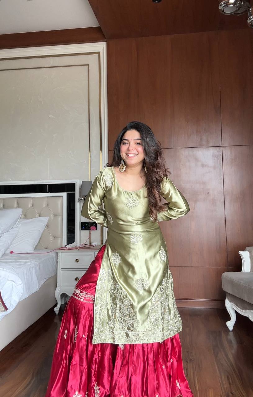 Prazu Fashion Pista Green Satin Silk Embroidered Sharara Suit