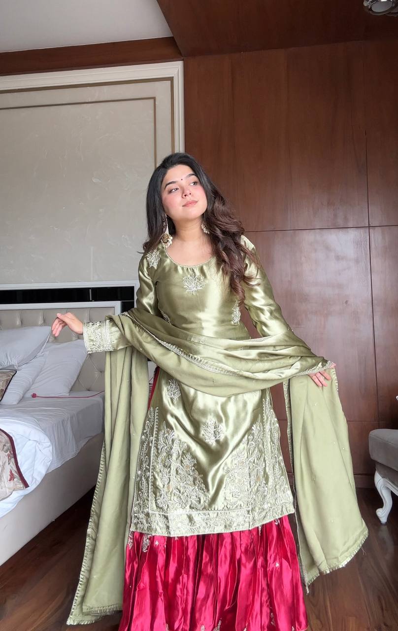 Prazu Fashion Pista Green Satin Silk Embroidered Sharara Suit