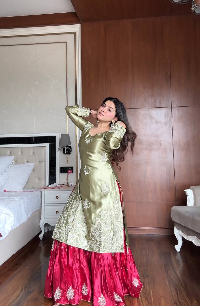 Prazu Fashion Pista Green Satin Silk Embroidered Sharara Suit