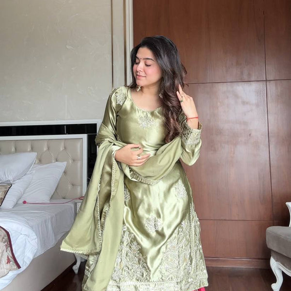 Prazu Fashion Pista Green Satin Silk Embroidered Sharara Suit