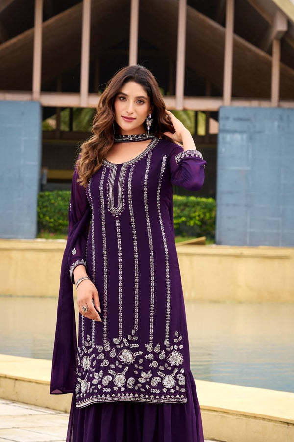 Prazu Fashion Violet Georgette Beads Work Designer Sharara Suit