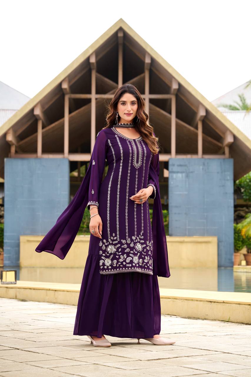 Prazu Fashion Violet Georgette Beads Work Designer Sharara Suit