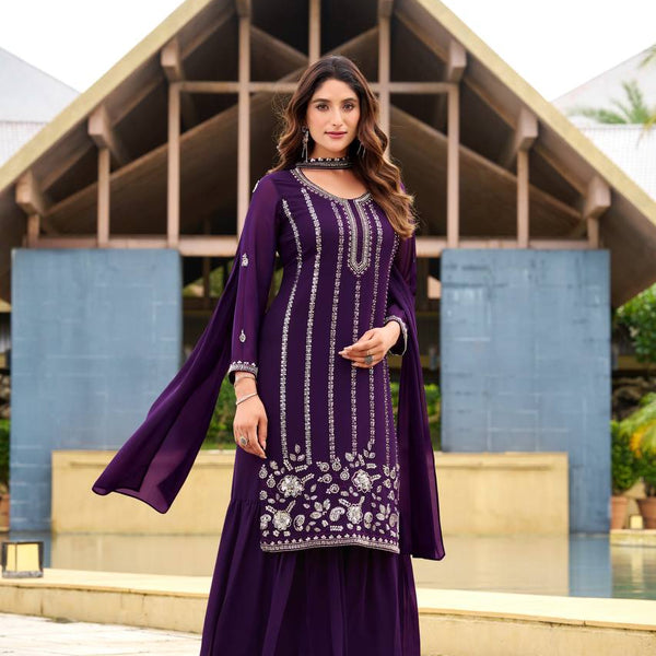 Prazu Fashion Violet Georgette Beads Work Designer Sharara Suit