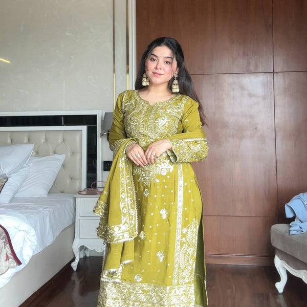Prazu Fashion Lime Green Chinon Silk Embroidered Salwar Suit