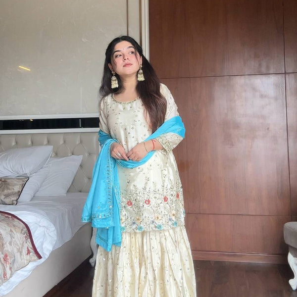 Prazu Fashion Off White Chinon Silk Embroidered Sharara Suit