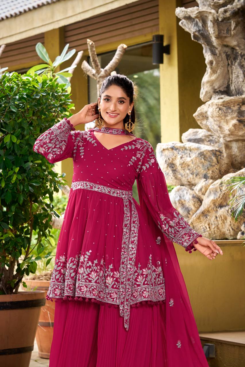 Prazu Fashion Pink Georgette Embroidered Designer Palazzo Suit