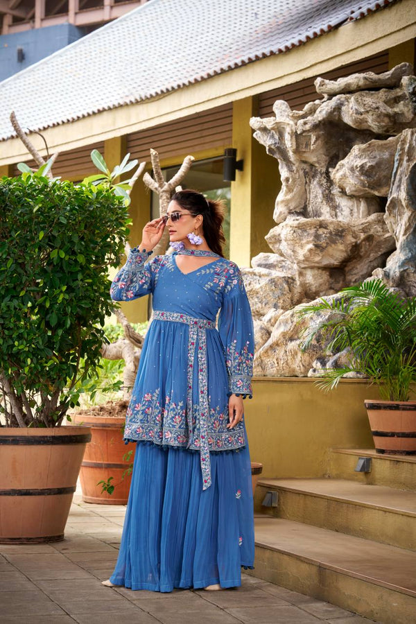 Prazu Fashion Dark Lavender Chinon Silk Embroidered Sharara Suit