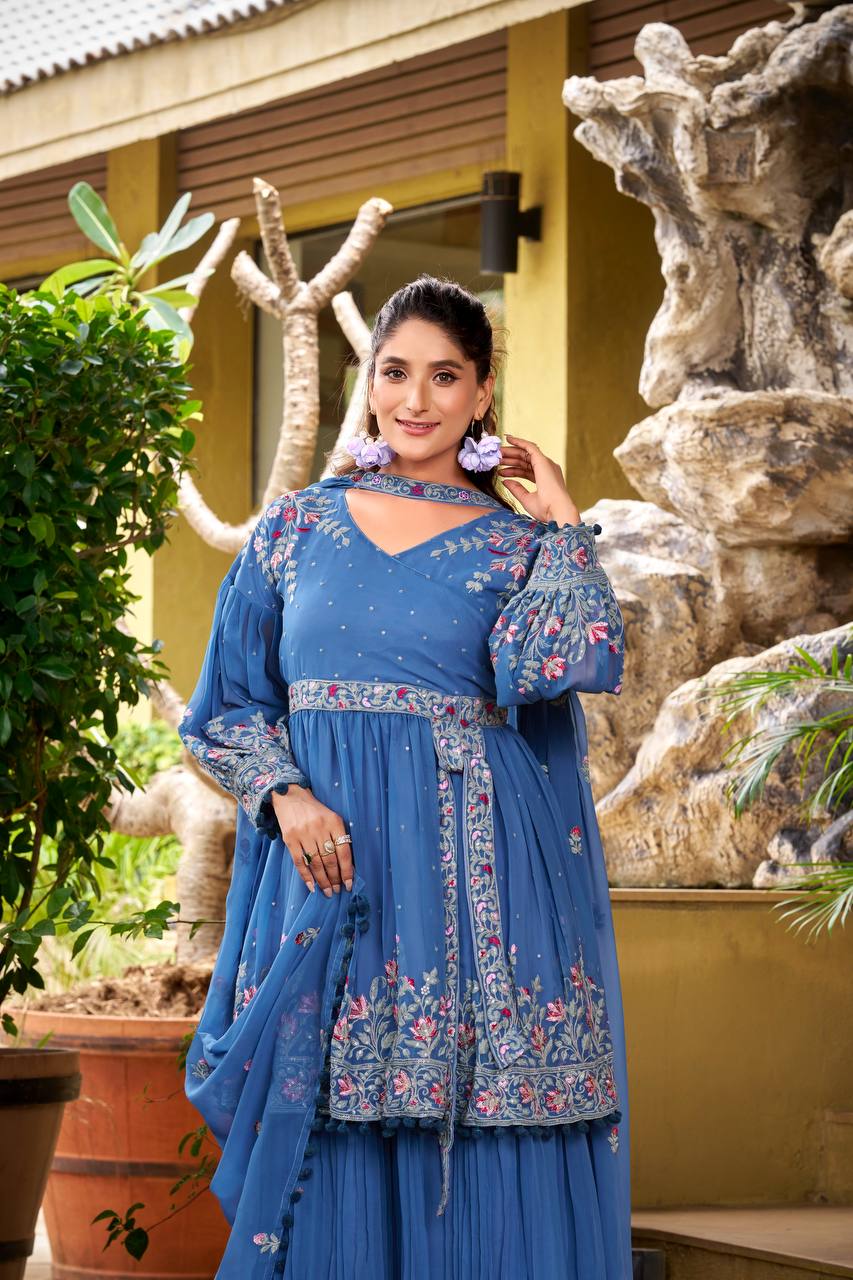 Prazu Fashion Dark Lavender Chinon Silk Embroidered Sharara Suit
