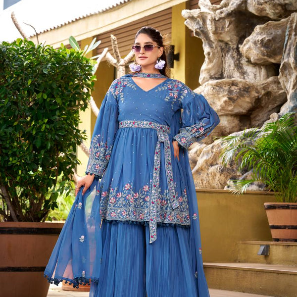 Prazu Fashion Dark Lavender Chinon Silk Embroidered Sharara Suit