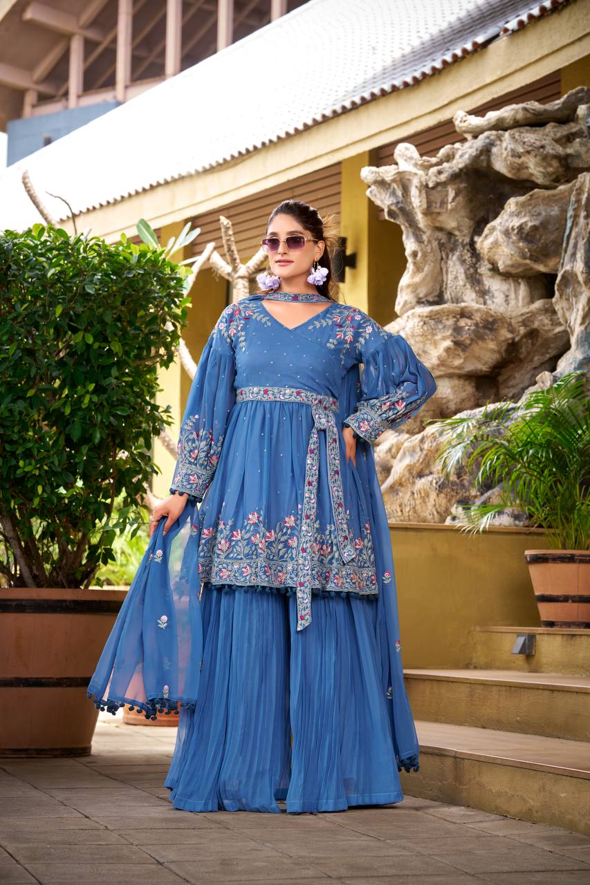 Prazu Fashion Dark Lavender Chinon Silk Embroidered Sharara Suit - Distacart