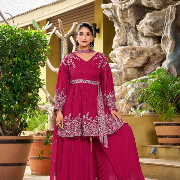 Prazu Fashion Pink Georgette Embroidered Designer Palazzo Suit