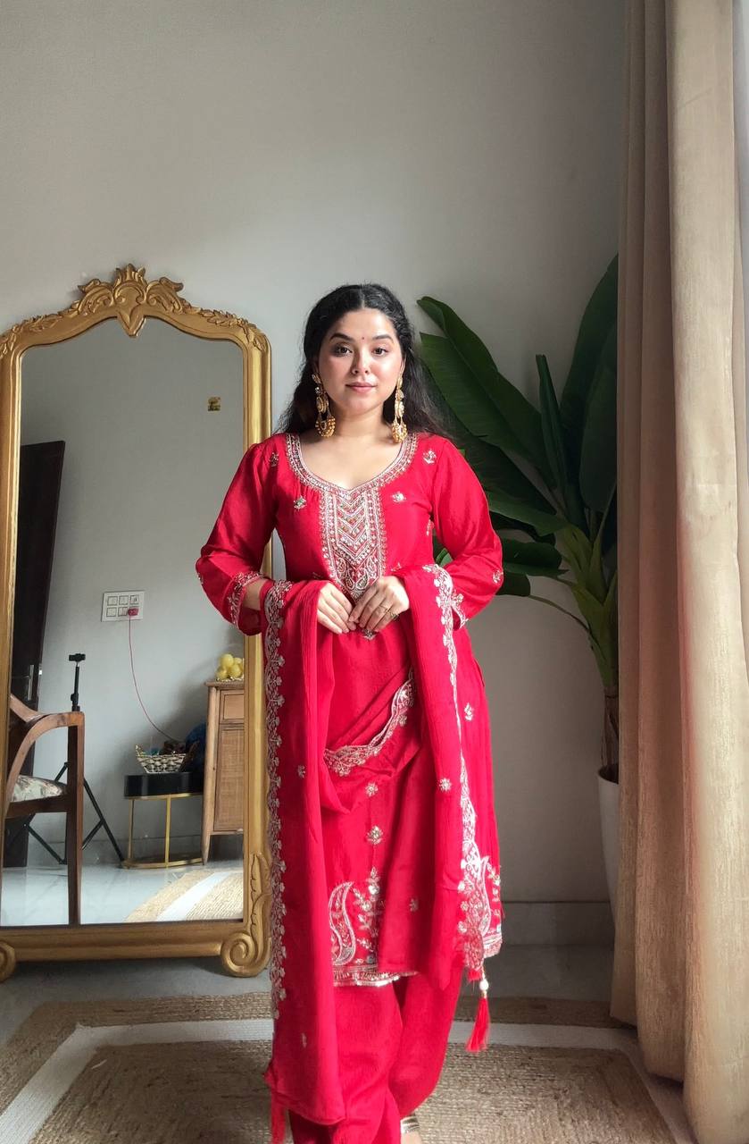 Prazu Fashion Red Chinon Silk Sequin Embroidered Salwar Suit - Dista