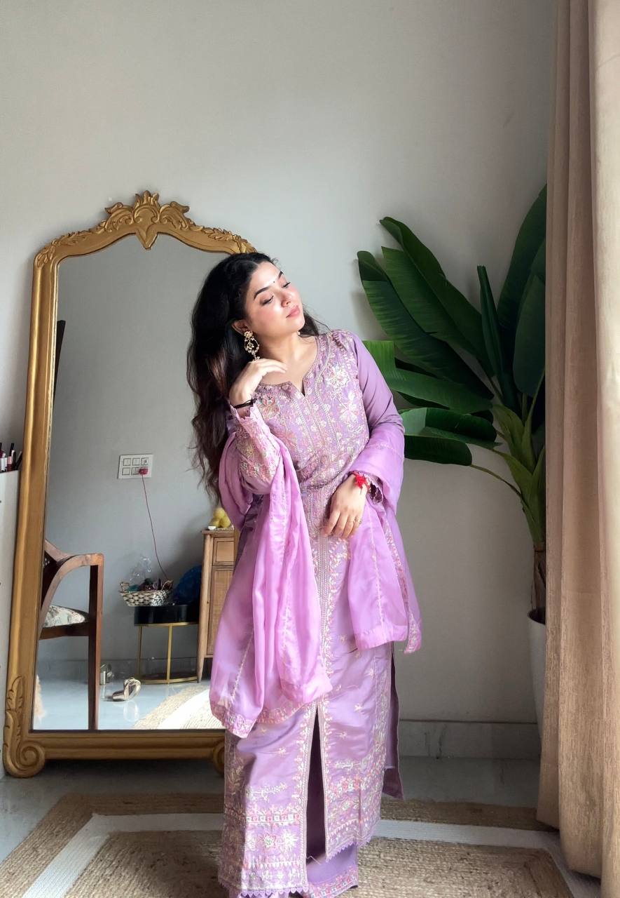 Prazu Fashion Lavender Roman Silk Sequin Embroidered Palazzo Suit