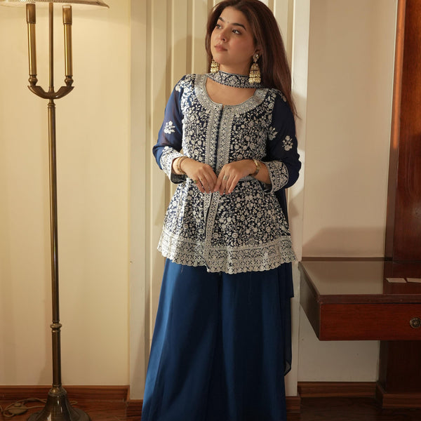 Lehenga Mart Designer Palazzo Suit With Kurta Palazzo Dupatta For Women-Blue - Dista