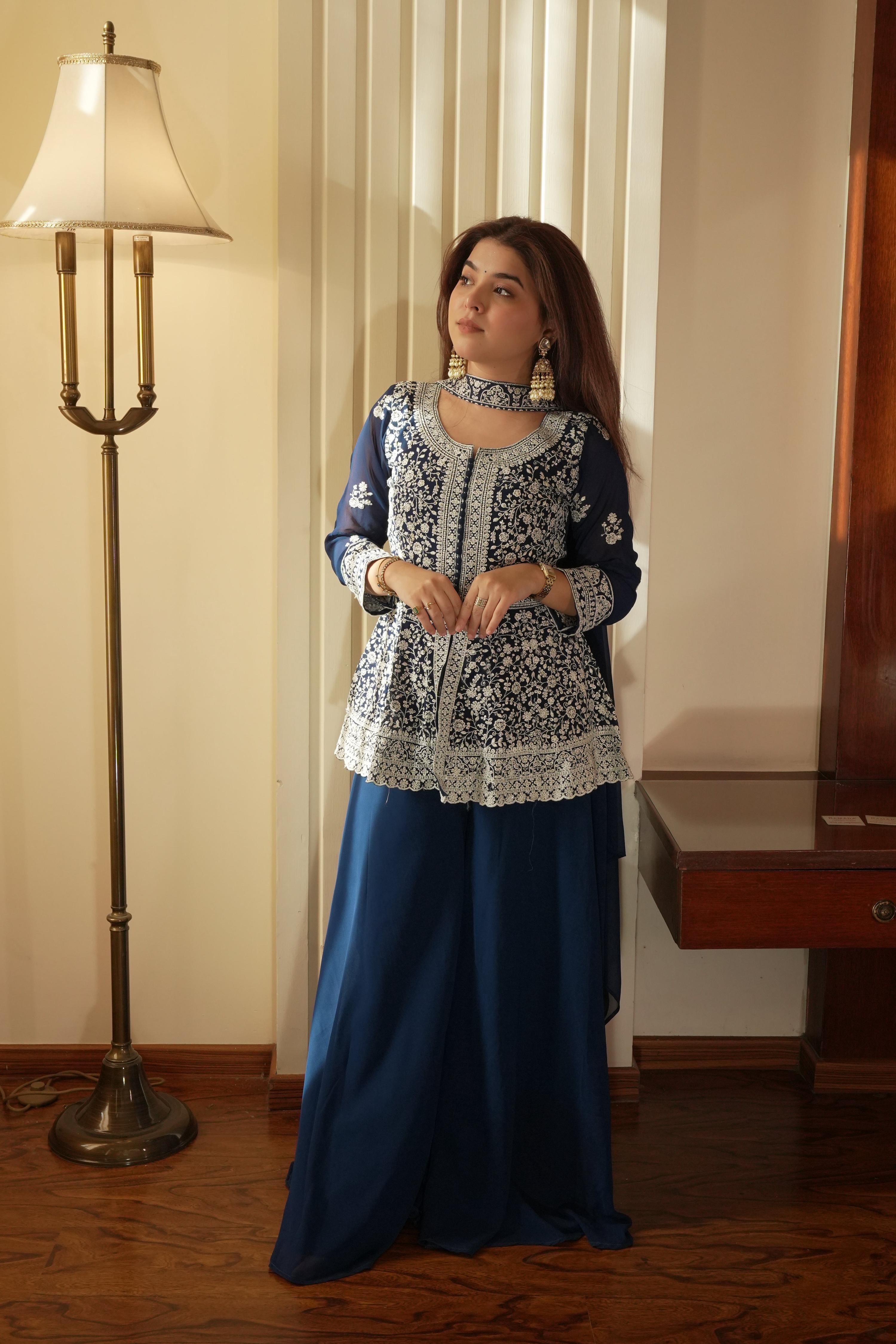Lehenga Mart Designer Palazzo Suit With Kurta Palazzo Dupatta For Women-Blue - Dista