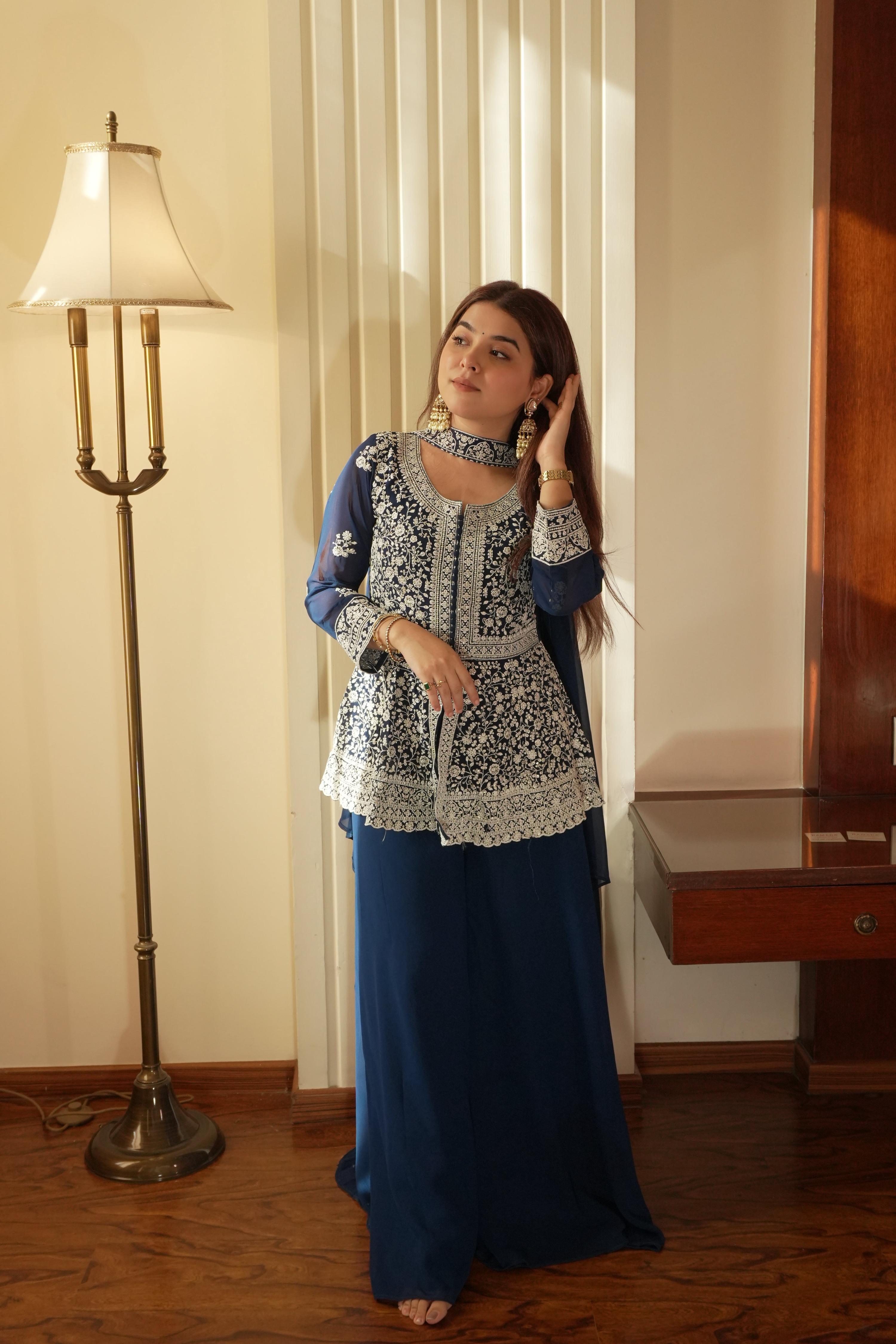 Lehenga Mart Designer Palazzo Suit With Kurta Palazzo Dupatta For Women-Blue - Dista