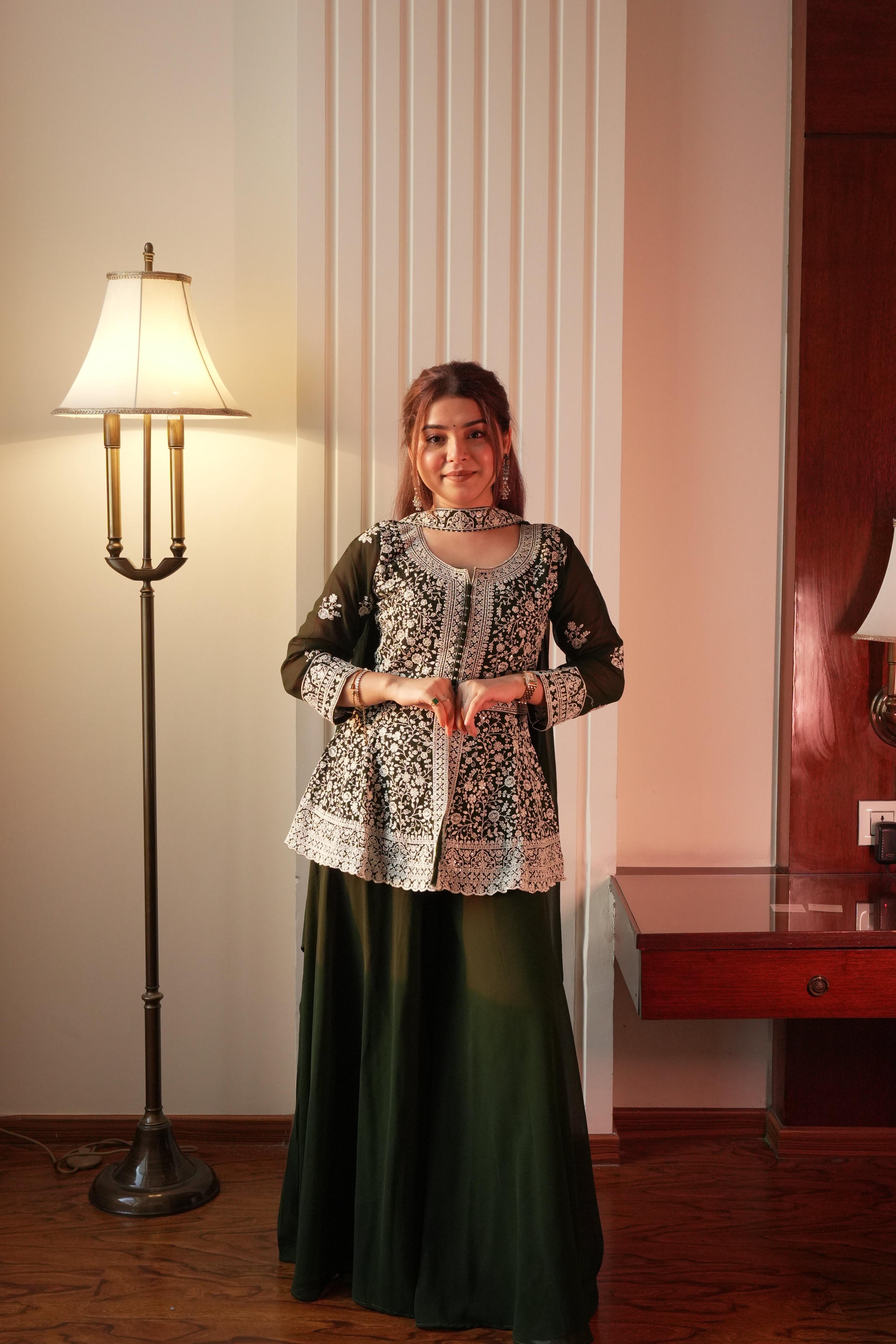 Lehenga Mart Designer Palazzo Suit With Kurta Palazzo Dupatta For Women-Green - Dista