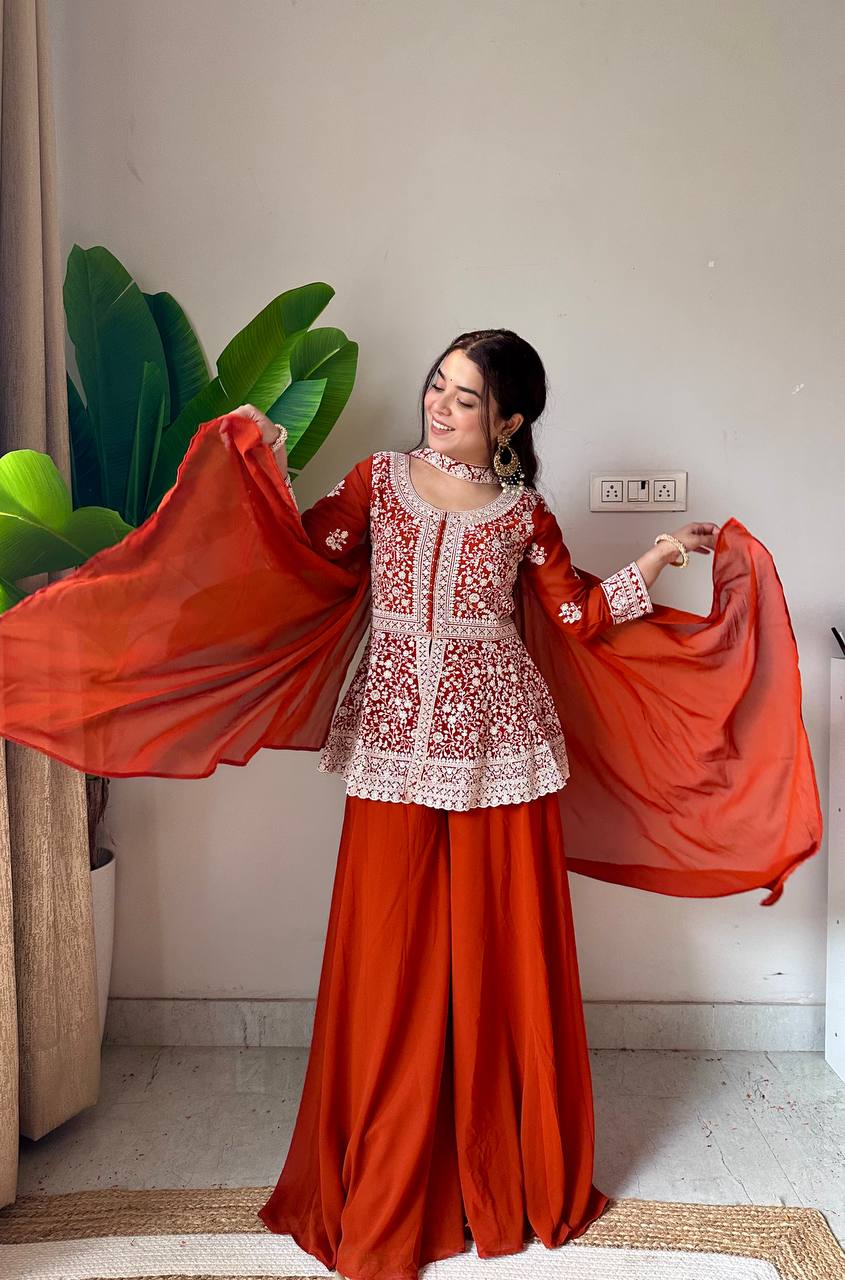 Lehenga Mart Designer Palazzo Suit With Kurta Palazzo Dupatta For Women-Rust - Dista