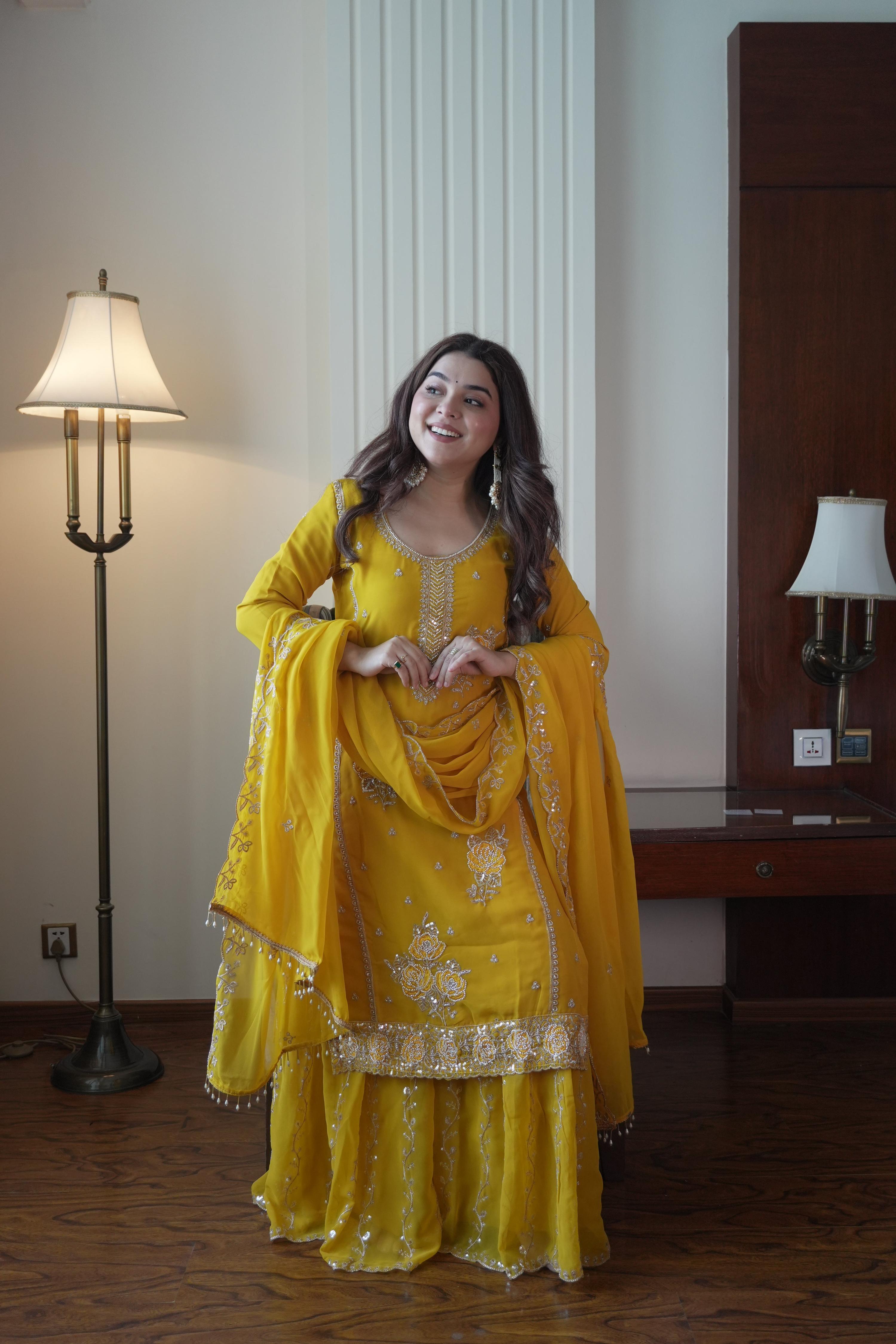 Lehenga Mart Designer Sharara Suit With Kurta Sharara Dupatta For Women-Yellow - Dista