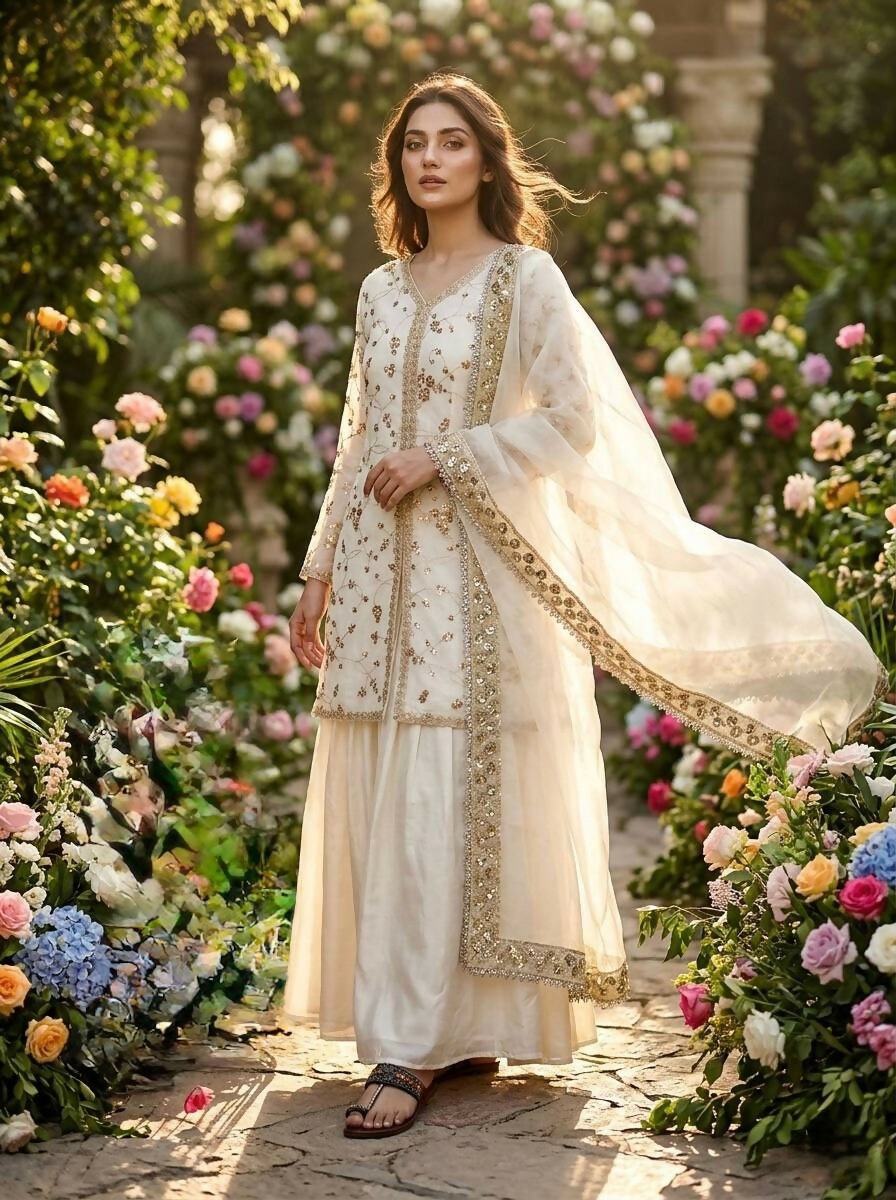 Teeya Creation Womens New Trendy Heavy Embroidery Work Kurta Palazzo Set - White - Dista