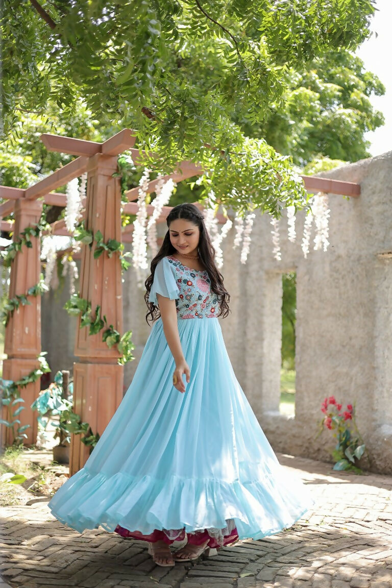 Jyoti Fashion Women's Sky Blue Sequins Thread Embroidery Faux Georgette Anarkali Dress - Distacart