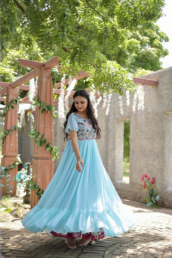 Jyoti Fashion Women's Sky Blue Sequins Thread Embroidery Faux Georgette Anarkali Dress - Distacart