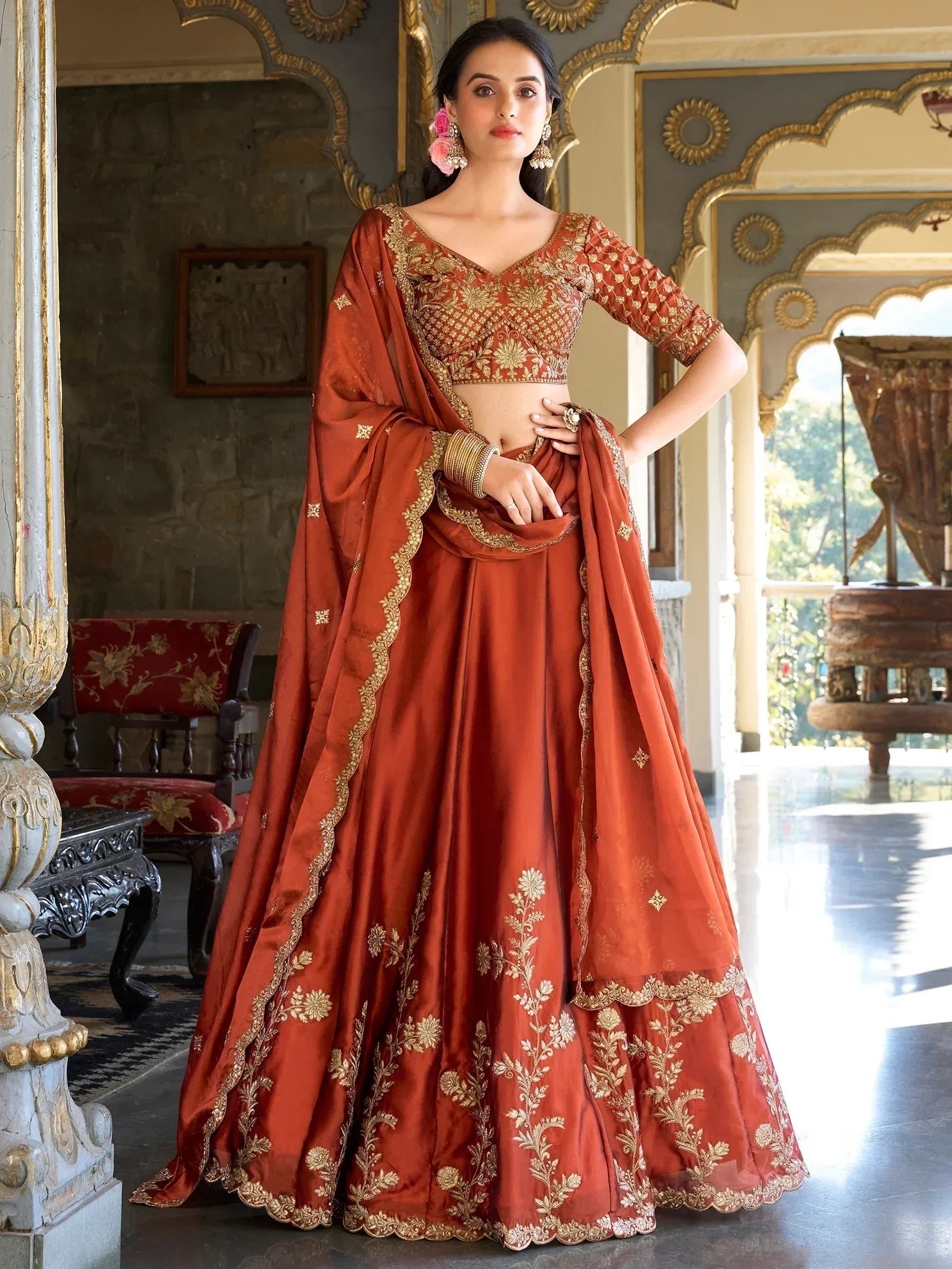 Tulsi Art Attractive Orange Thread Embroidery Silk Wedding Wear Lehenga Choli - Dista