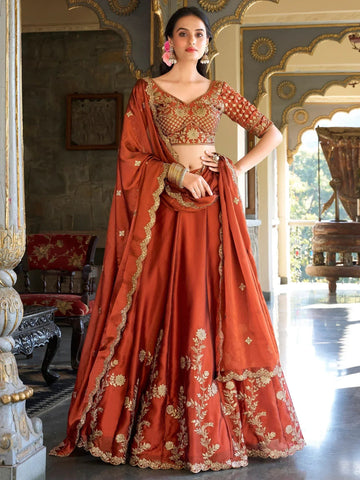 Tulsi Art Attractive Orange Thread Embroidery Silk Wedding Wear Lehenga Choli - Dista
