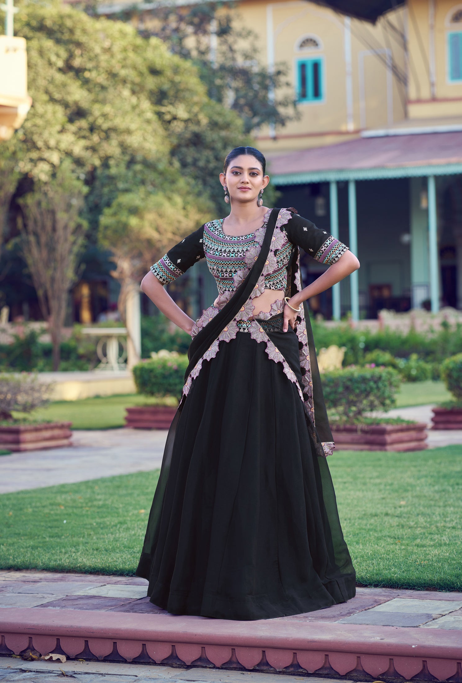 Lorenvalley Fashion Black Aurum Georgette Thread & Sequins Embroidery Work Lehenga Choli With Dupatta - Dista