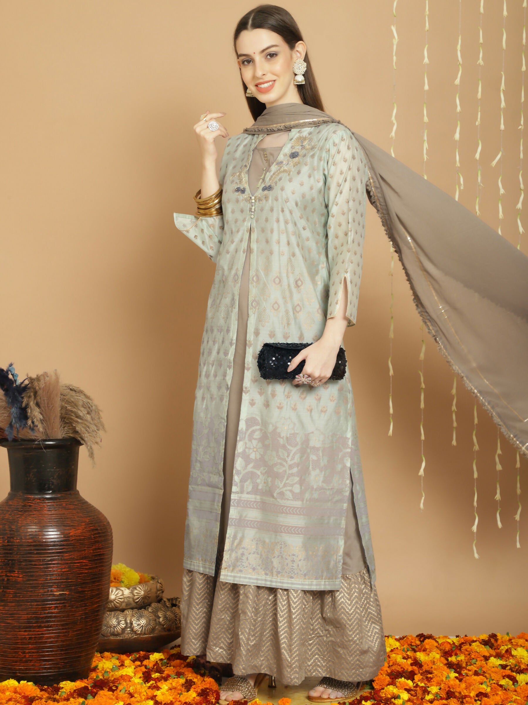 Jyoti Fashion Women's Green Chanderi Silk Elegant Jardoshi Semi Kurta with Trouser & Dupatta - Distacart