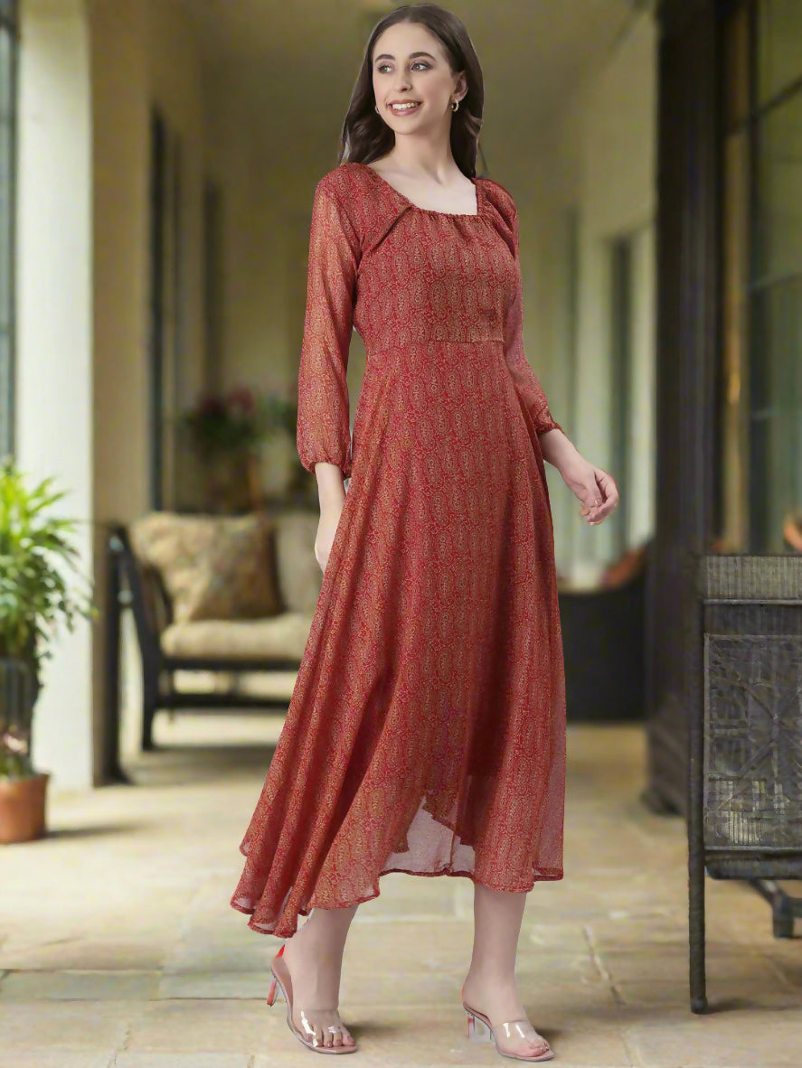 Souchii Rust Orange Printed Fit & Flare Dress